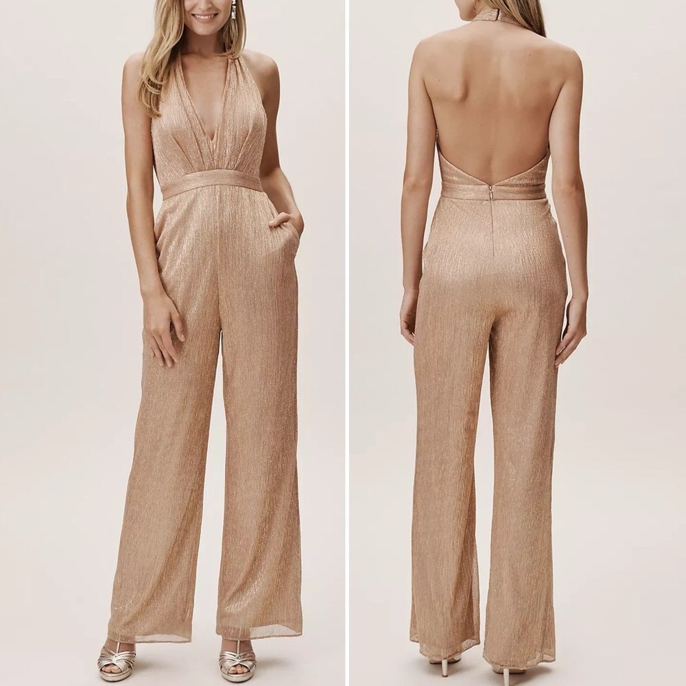 BHLDN Jelena Metallic Jumpsuit Gold Plunge Halter Wide Leg Size 16 Wedding Retro